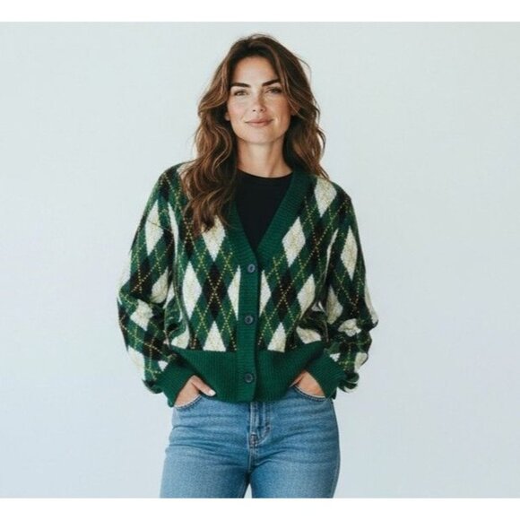 Staud Knave Cardigan in Green Cypress Argyle - Size S - Picture 1 of 8